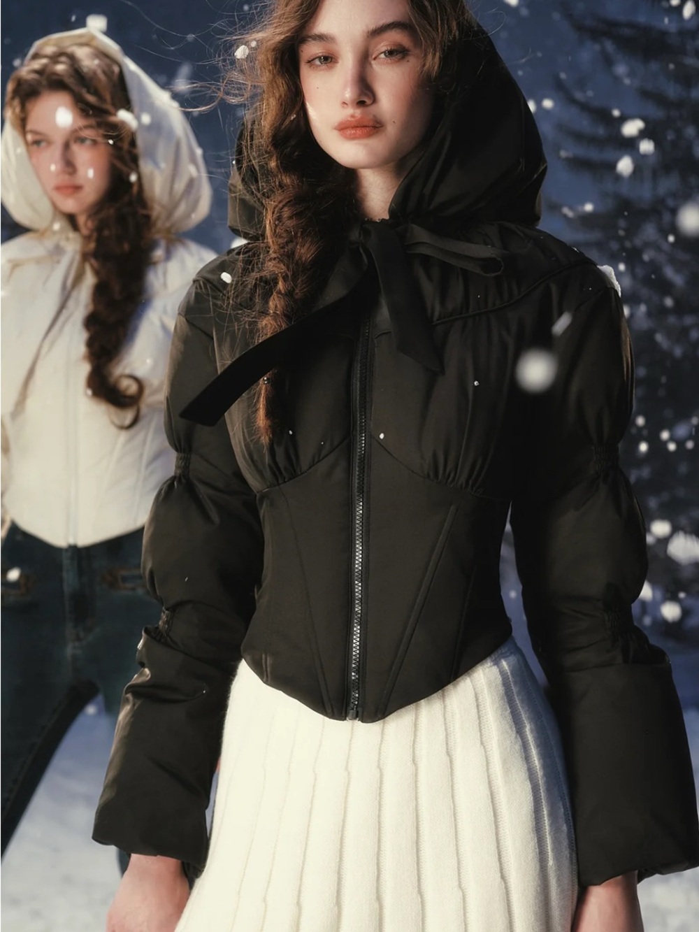 S Lacemade Black Hooded Puffer Jacket with Bow Tie